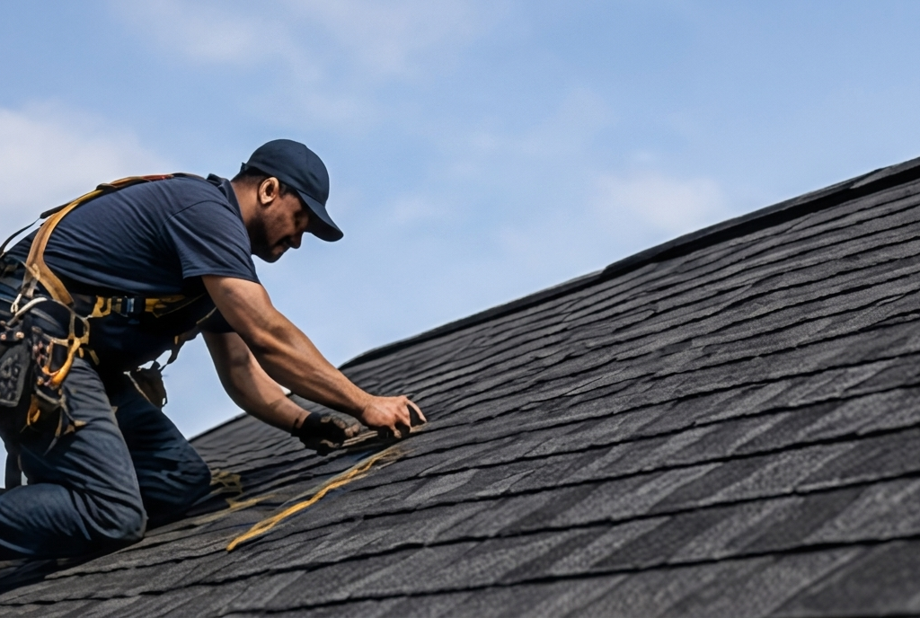 Roofer working on a the slope of a roof