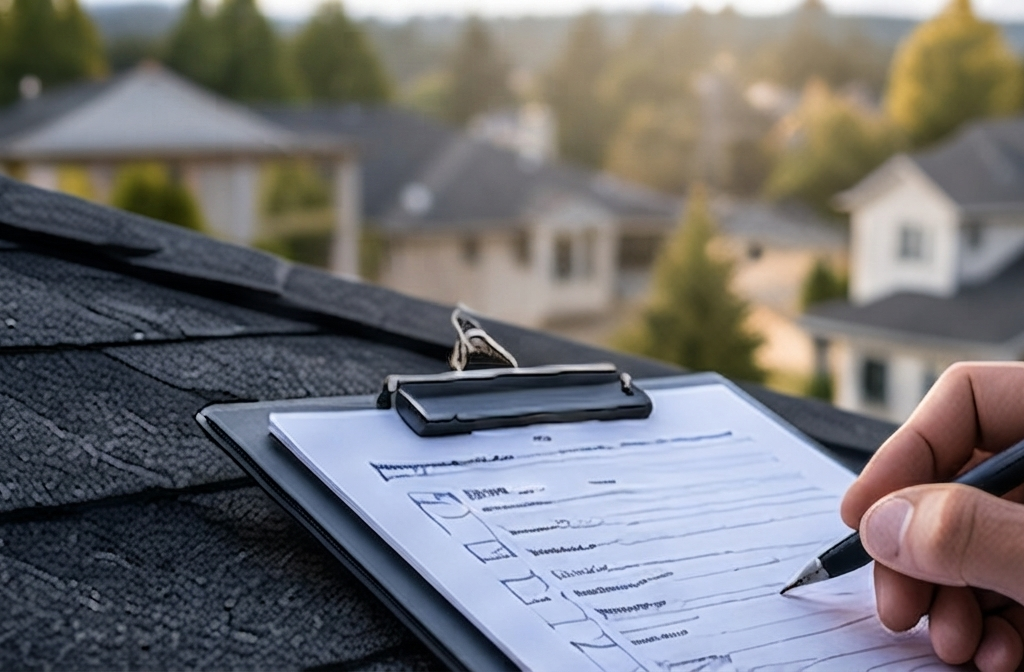 closeeup of a clipboard and a hand with a pen writing inspections for a roofing company